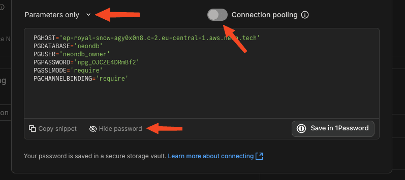 Neon connection credentials screen showing Parameters only format with username, password, host, and database name