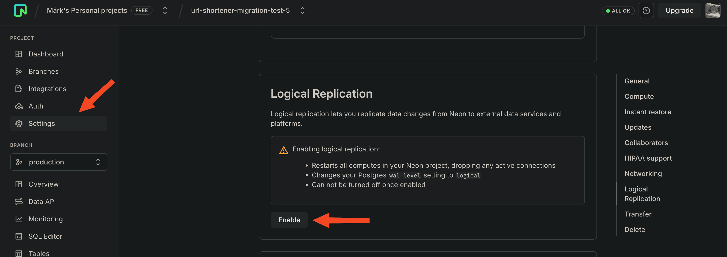 Neon project Settings page showing Logical Replication section with Enable button