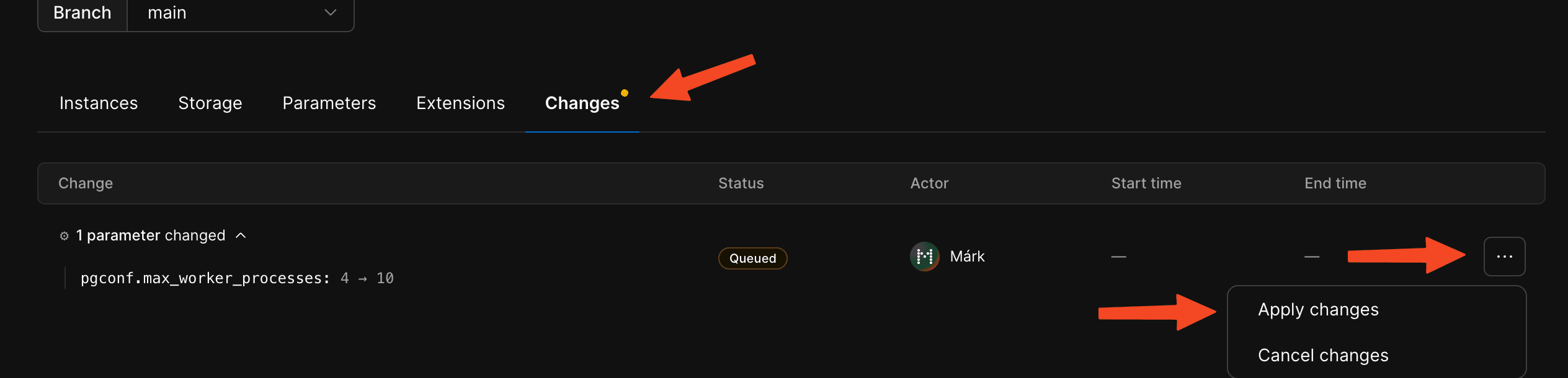 PlanetScale Changes tab showing pending configuration changes with Apply changes dropdown button