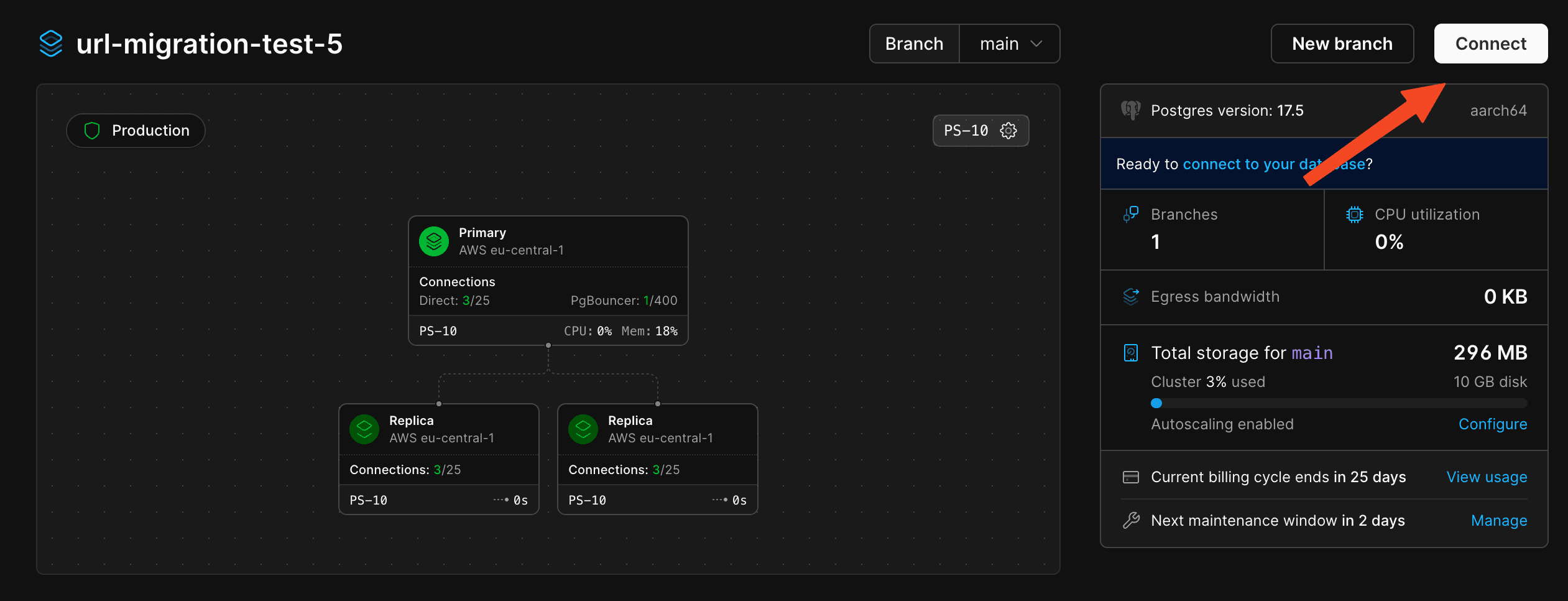 PlanetScale dashboard showing the Connect button in the top-right corner