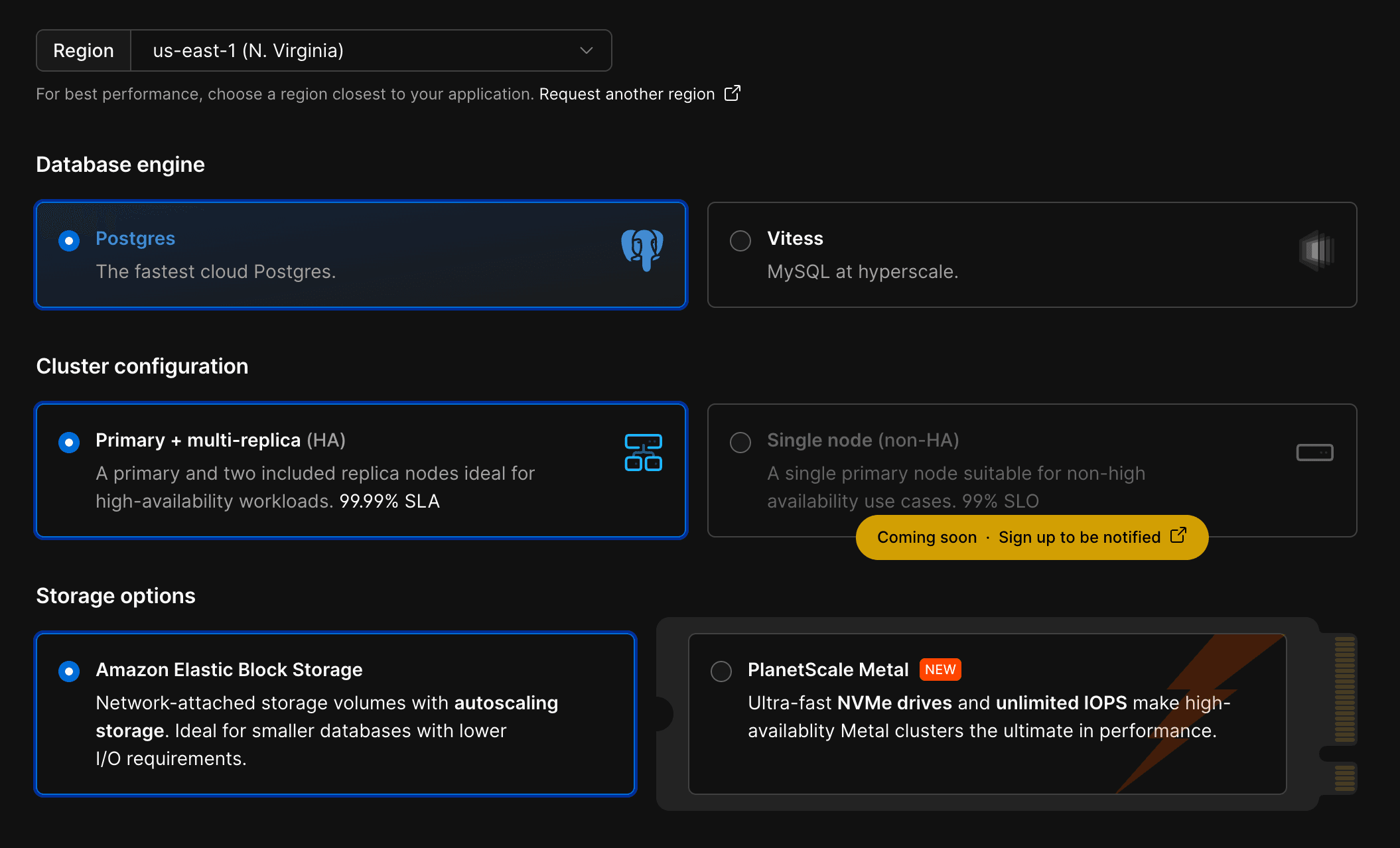 PlanetScale database creation screen showing region, database engine, and storage options