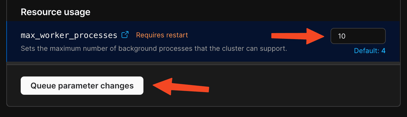 PlanetScale max_worker_processes parameter set to 10 in the Parameters configuration