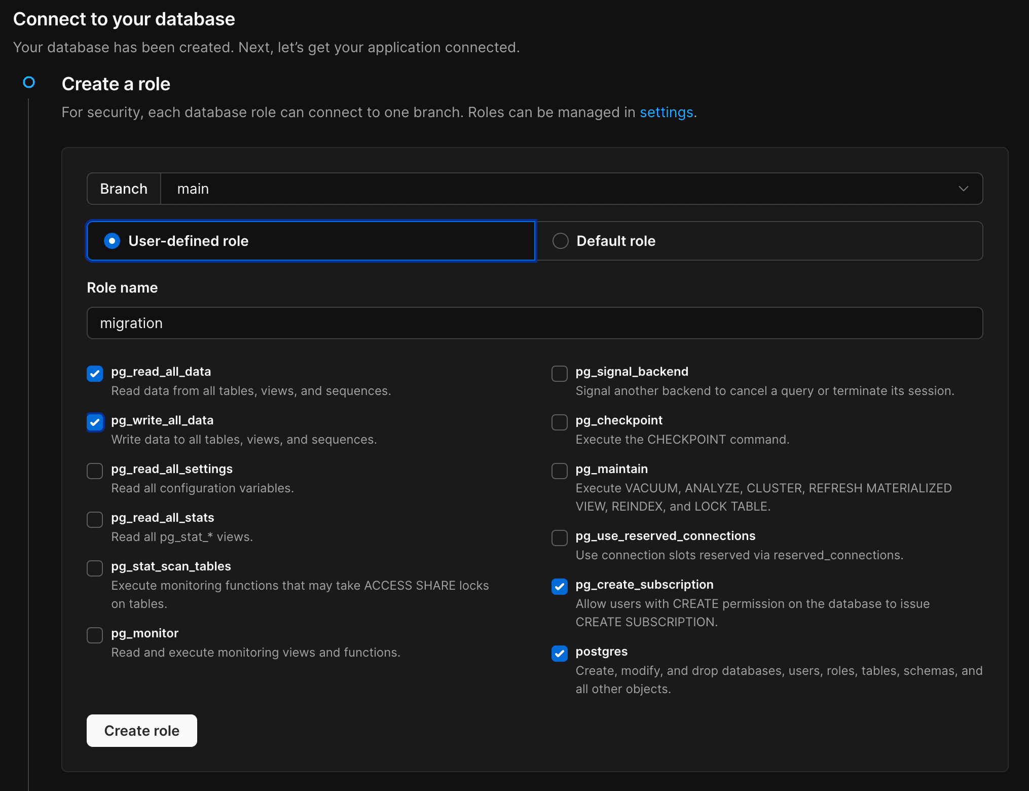 PlanetScale role creation wizard showing permissions including pg_read_all_data, pg_write_all_data, pg_create_subscription, and postgres
