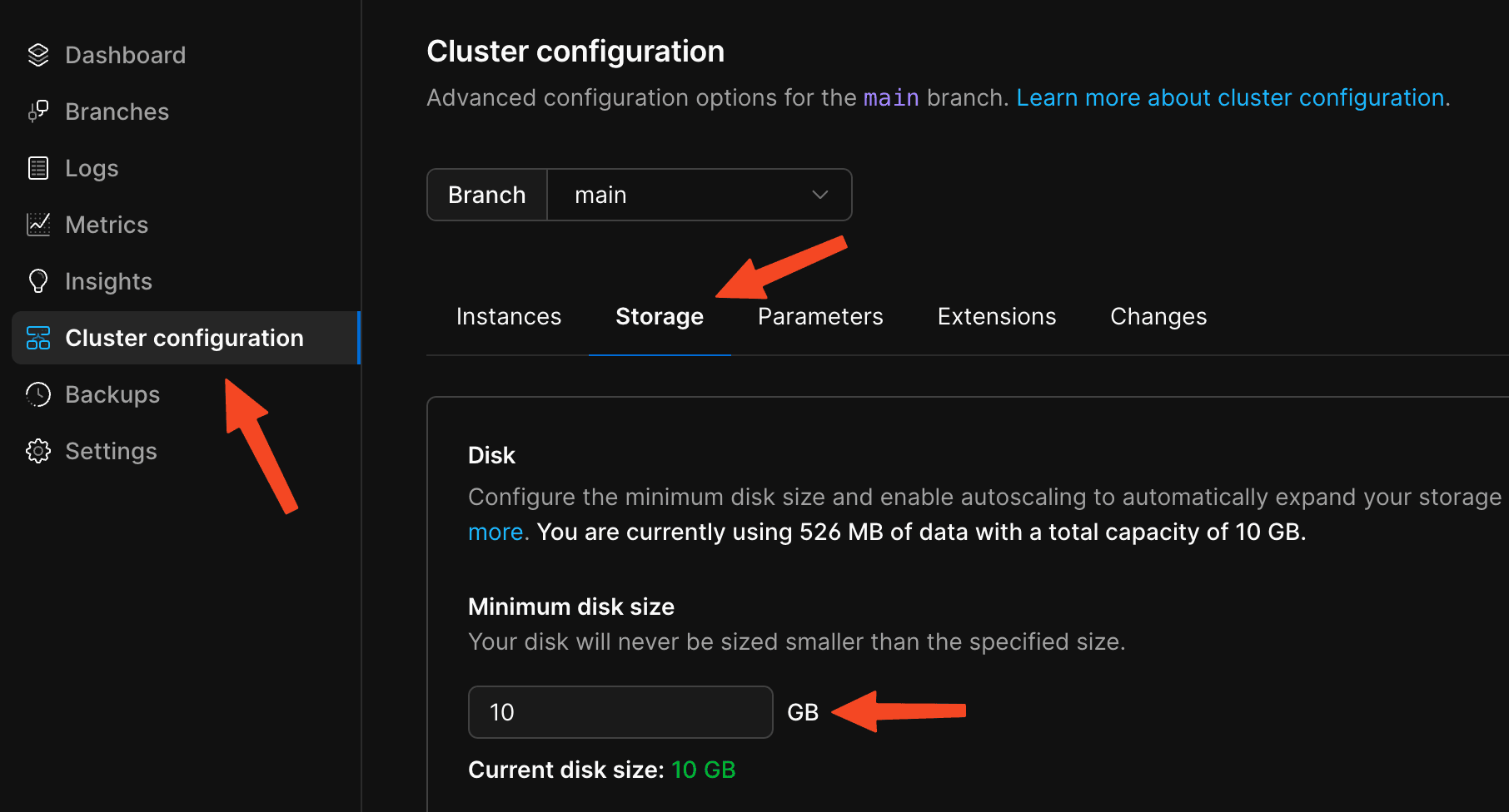 PlanetScale cluster configuration page showing the Storage tab with minimum disk size setting